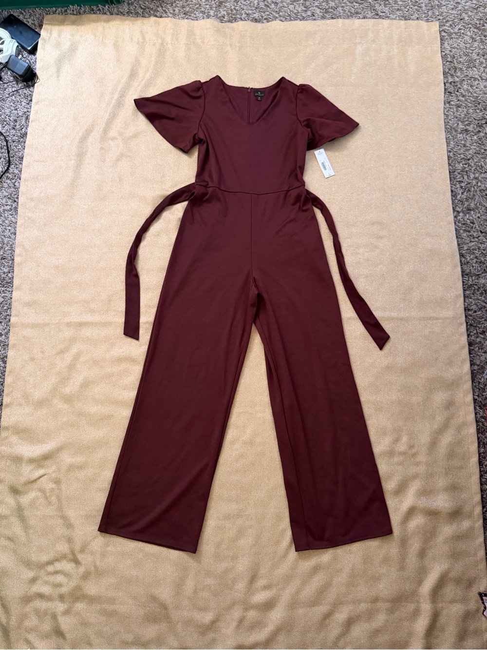 Worthington Burgundy Short-Sleeve Wide-Leg Jumpsuit with Tie Waist
